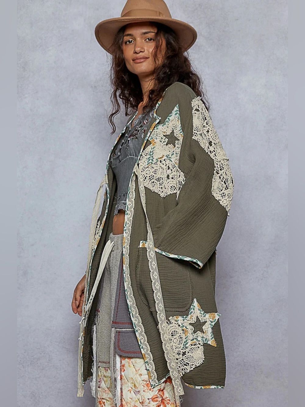 POL Boho Patchwork Crochet Star Cardigan Coat Medium Olive Green Long